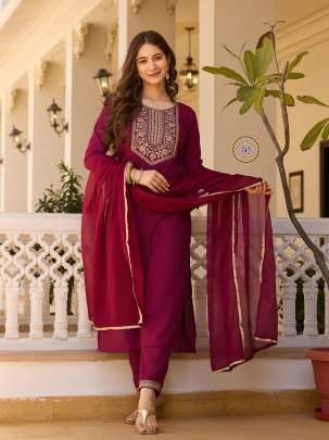 Soft Rayon Marooon Kurti Pant Dupatta Set
