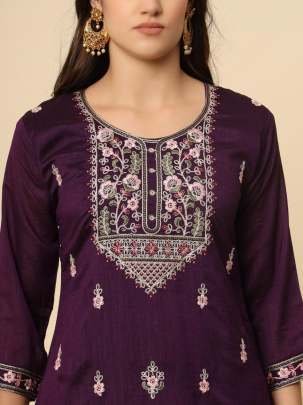 Soft Silk Wine Kurti Pant Dupatta Set