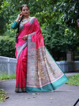 Soft Tussar Silk Pink Saree With Blouse