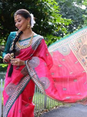 Soft Tussar Silk Pink Saree With Blouse
