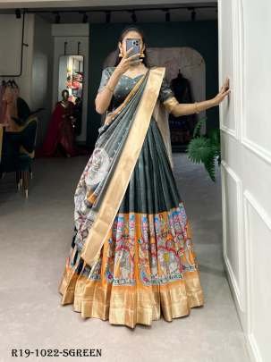 Solid Green Kalamkari Printed Dola Silk Lehenga Choli