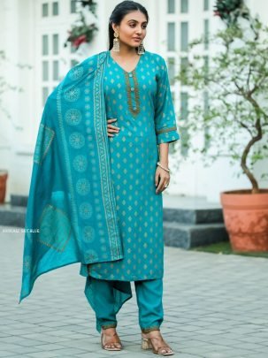 Sonkali Rayon Sky Blue Kurti Pant Set with Chanderi Dupatta 