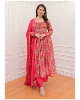 Soothing Georgette Pink Anarkali Mirror Work Suit