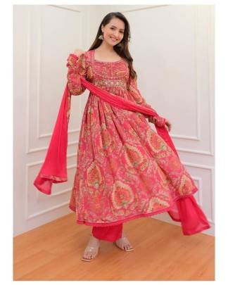 Soothing Georgette Pink Anarkali Mirror Work Suit