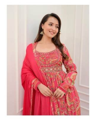 Soothing Georgette Pink Anarkali Mirror Work Suit
