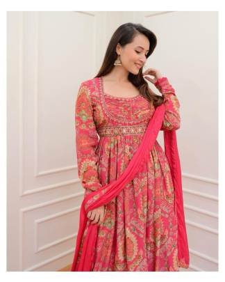 Soothing Georgette Pink Anarkali Mirror Work Suit