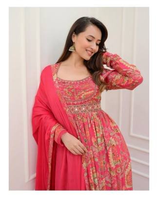Soothing Georgette Pink Anarkali Mirror Work Suit