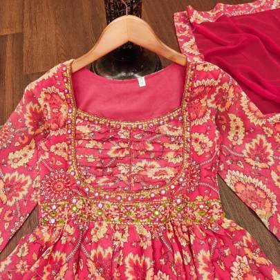 Soothing Georgette Pink Anarkali Mirror Work Suit