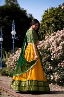 South Indian Haldi Wear Yellow  Half lehenga With Green Dupatta