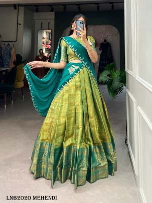 South Indian Kanjivaram Silk Mehendi Colour Lehenga