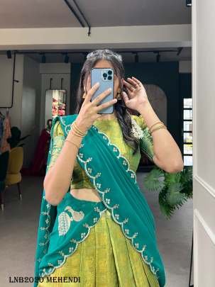 South Indian Kanjivaram Silk Mehendi Colour Lehenga