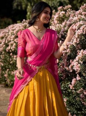 South Indian Style Mustard  Colour Half lehenga With Pink Dupatta