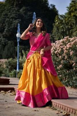 South Indian Style Mustard  Colour Half lehenga With Pink Dupatta