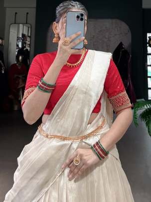South Indian Style Red Blouse With White Half Lehenga Saree
