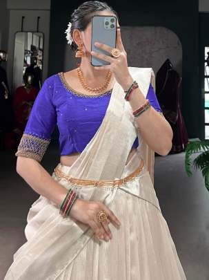 South Indian Style White Lehenga With Purple Blouse
