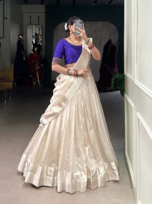 South Indian Style White Lehenga With Purple Blouse