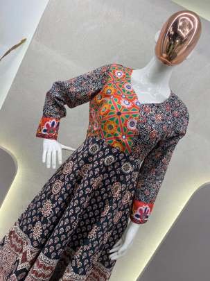 Special For Navratri Rayon Printed With Mirror Work Gown