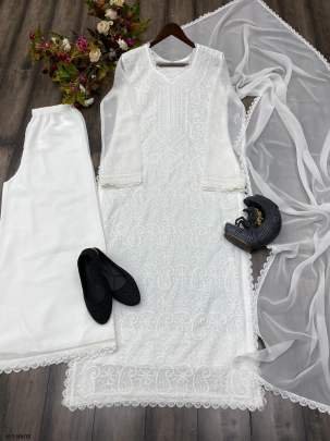 Special White Color Georgette Thread Embroidery Palazzo Set
