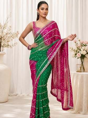 Star Georgette Real Mirror Work Pink Colour Saree