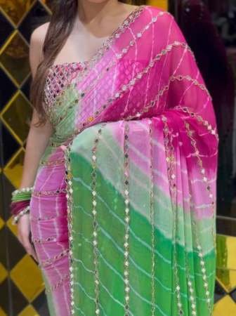 Star Georgette Real Mirror Work Pink Colour Saree