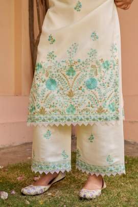 Straight Cut Blue Embroidery Kurti Pant Dupatta Set