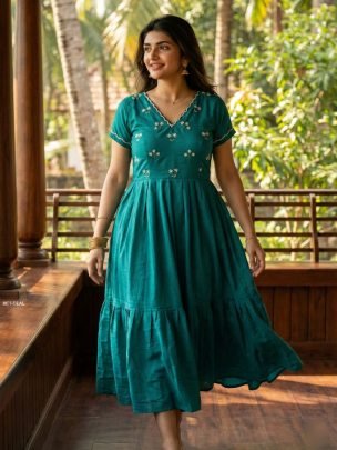 Stuning Teal Green Soft Roman Hand Work Gown