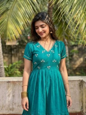 Stuning Teal Green Soft Roman Hand Work Gown
