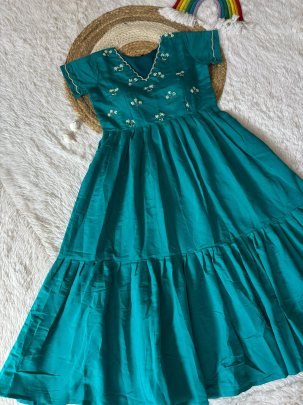 Stuning Teal Green Soft Roman Hand Work Gown