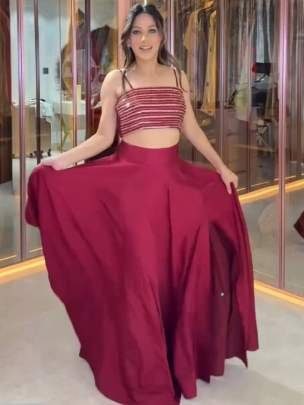 Stunning Cherry Red Chinon Silk Fancy Lehenga Choli With Koti