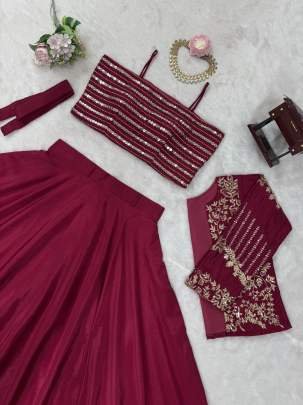 Stunning Cherry Red Chinon Silk Fancy Lehenga Choli With Koti