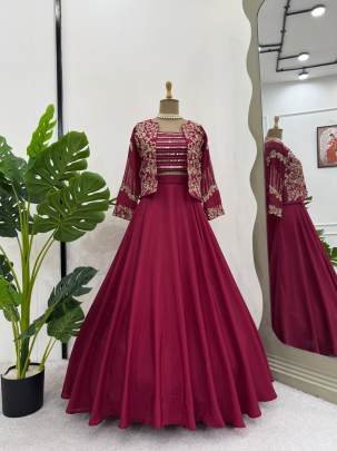 Stunning Cherry Red Chinon Silk Fancy Lehenga Choli With Koti