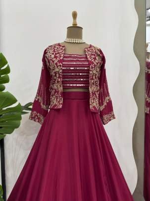 Stunning Cherry Red Chinon Silk Fancy Lehenga Choli With Koti
