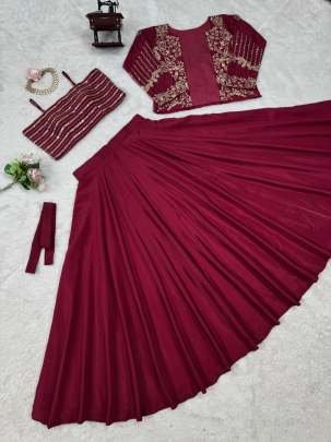 Stunning Cherry Red Chinon Silk Fancy Lehenga Choli With Koti
