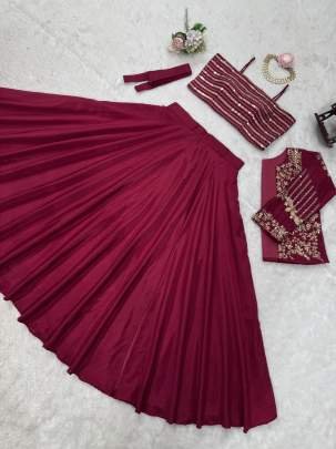 Stunning Cherry Red Chinon Silk Fancy Lehenga Choli With Koti