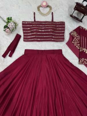 Stunning Cherry Red Chinon Silk Fancy Lehenga Choli With Koti