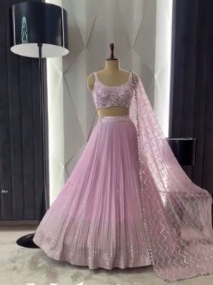 Stunning Fuax Georgette With Real Mirror Work Pink Lehenga