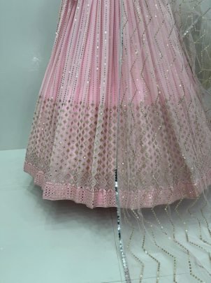 Stunning Fuax Georgette With Real Mirror Work Pink Lehenga