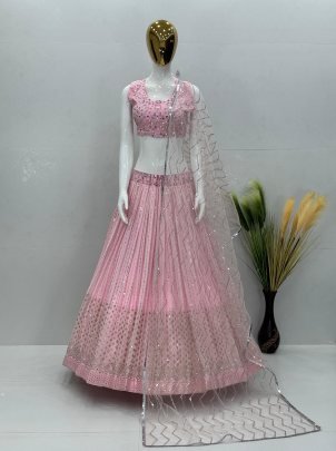 Stunning Fuax Georgette With Real Mirror Work Pink Lehenga