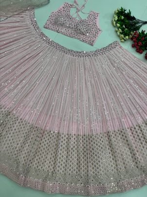 Stunning Fuax Georgette With Real Mirror Work Pink Lehenga