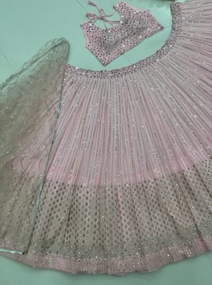 Stunning Fuax Georgette With Real Mirror Work Pink Lehenga