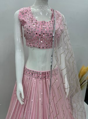 Stunning Fuax Georgette With Real Mirror Work Pink Lehenga