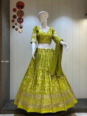 Stunning Lime Green Dola Silk lehenga Choli