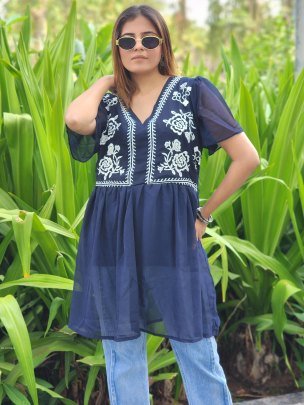 Stunning Navy Blue Anarkali Top for Party Wear