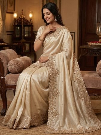 Stunning Off White Gold Handwork Saree