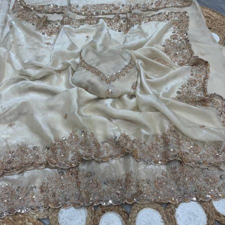 Stunning Off White Gold Handwork Saree