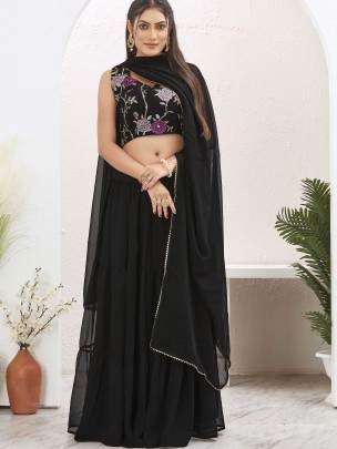 Stunning Plain Georgette Black Lehenga with Embroidered Stitched Blouse