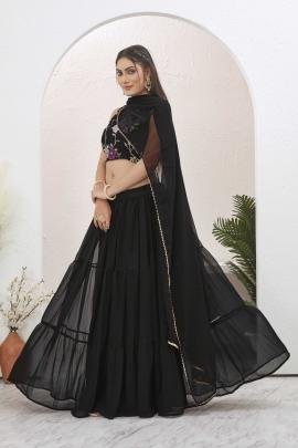 Stunning Plain Georgette Black Lehenga with Embroidered Stitched Blouse