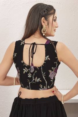 Stunning Plain Georgette Black Lehenga with Embroidered Stitched Blouse