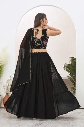 Stunning Plain Georgette Black Lehenga with Embroidered Stitched Blouse