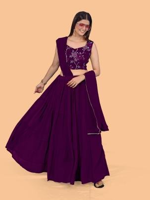Stunning Plain Georgette Wine Lehenga with Embroidered Stitched Blouse